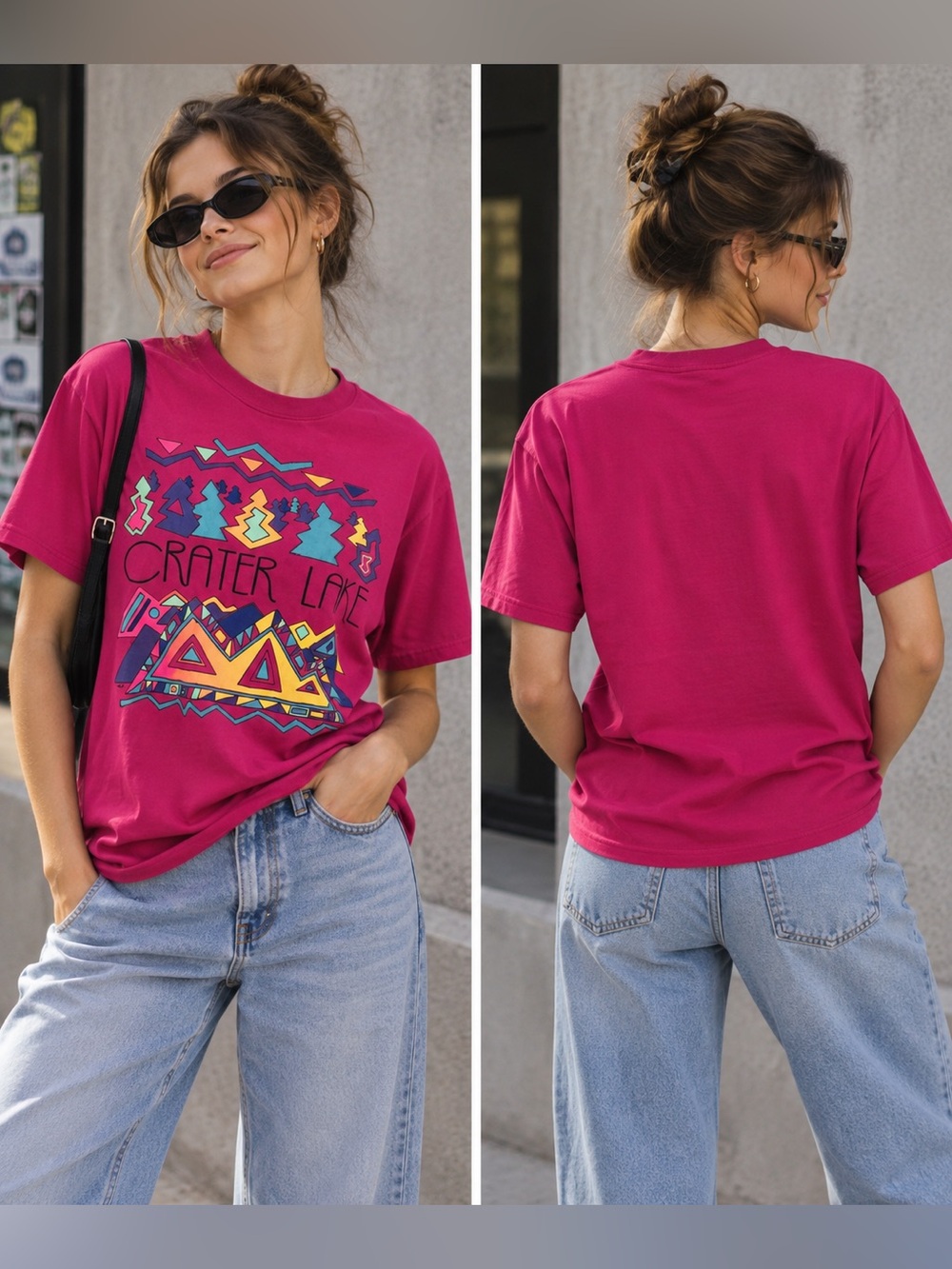 Vintage 90’s L Crater Lake Graphic T-shirt Jerzees Pink Tee State Park USA Made
